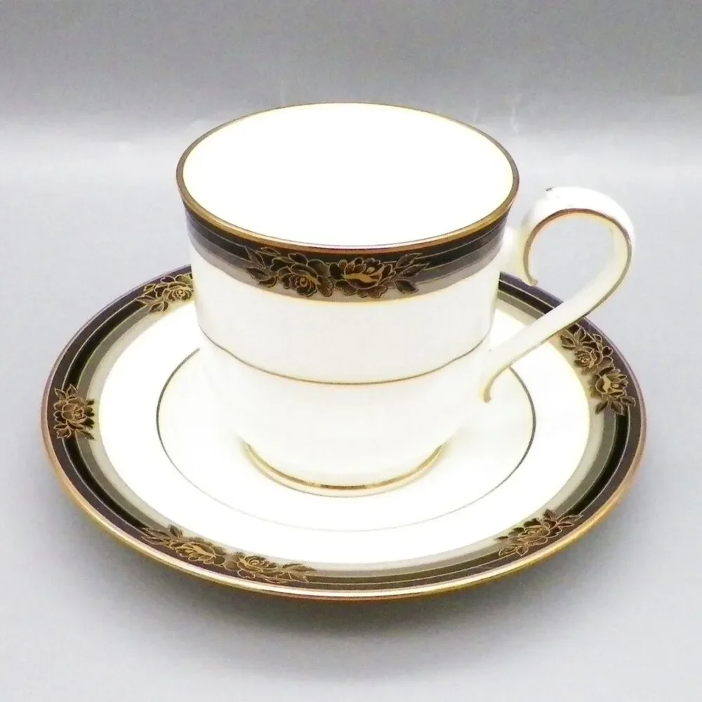 Noritake Spell Binder 9733 Cup & Saucer Set Bone China Floral Black Gold Trim